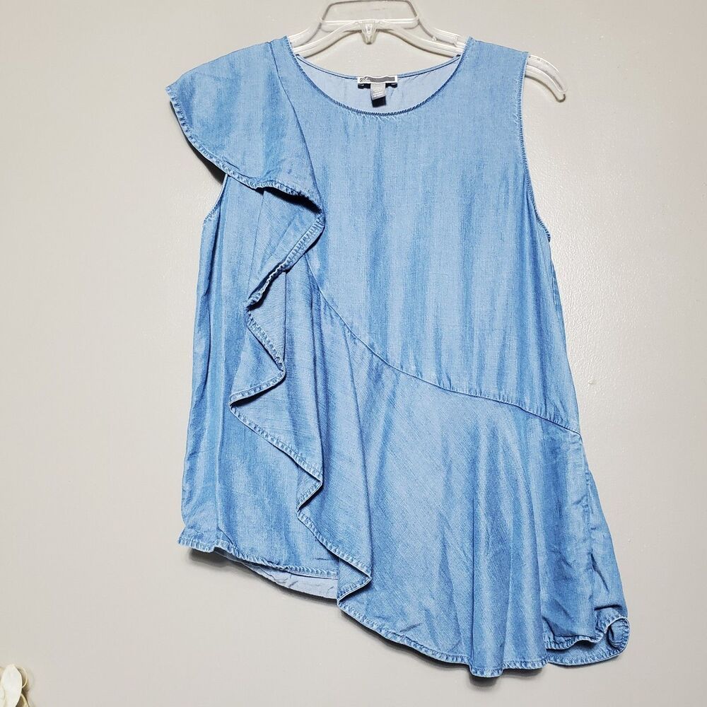 Cascade Ruffle Sleeve Chambray Top Womens Size XS Light Blue Lyocell Chelsea28